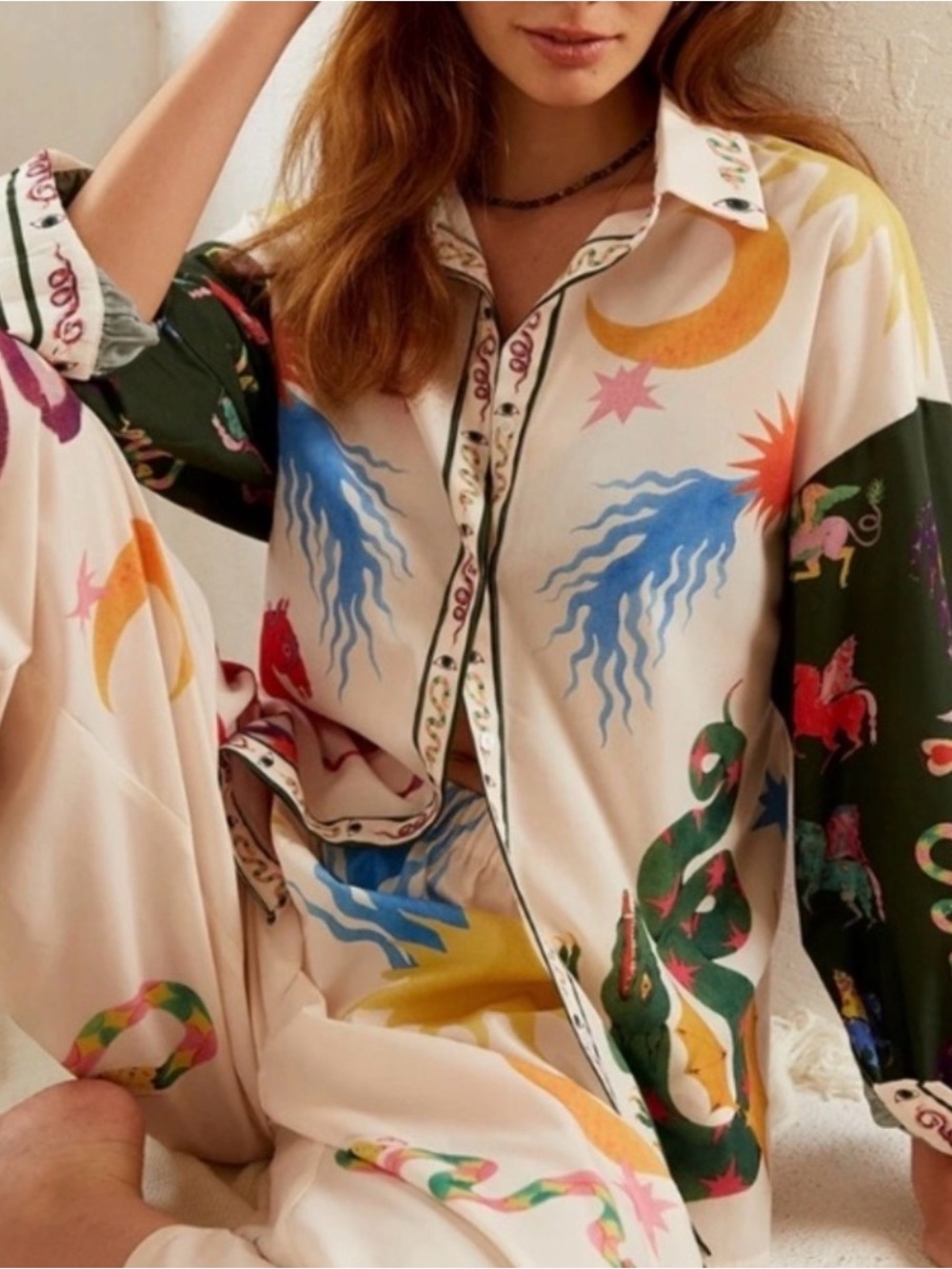 Commense Multi‑Color Celestial & Mythical Print Button‑Up Top & Bottom